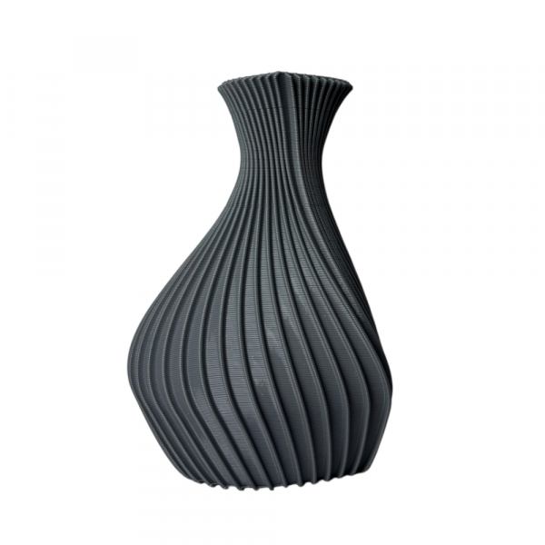 The Amore Vase, a grey swirl 3D printed vase with a finned texture, on a white background.