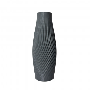 A modern 3D printed vase named The Zephyr, featuring a grey spiral groove texture, on a white background.