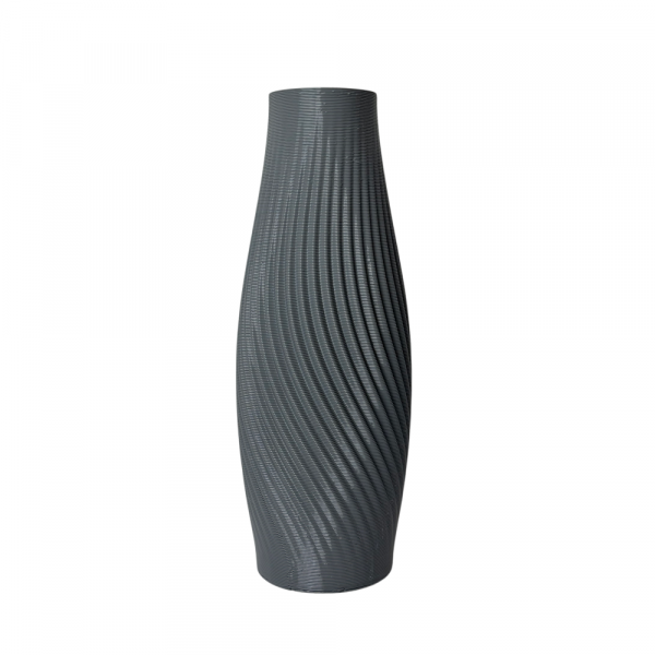 A modern 3D printed vase named The Zephyr, featuring a grey spiral groove texture, on a white background.