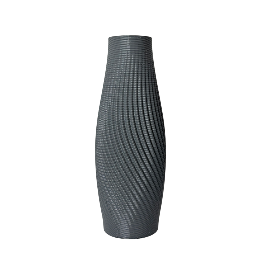 A modern 3D printed vase named The Zephyr, featuring a grey spiral groove texture, on a white background.