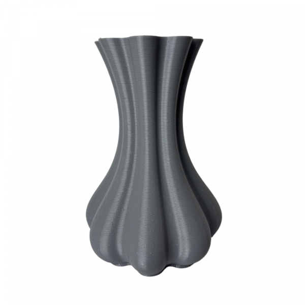 The Allium Vase, a modern 3D printed bulbous vase in matte grey.