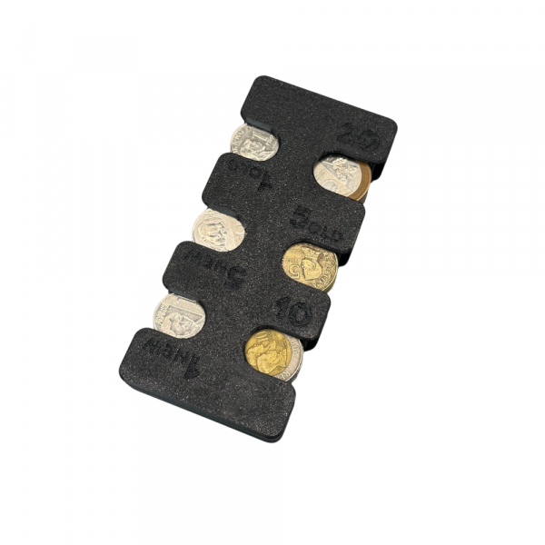 Black Bucco Coin Organizer for car featuring labeled slots for Philippine coins including the new 20-peso coin.